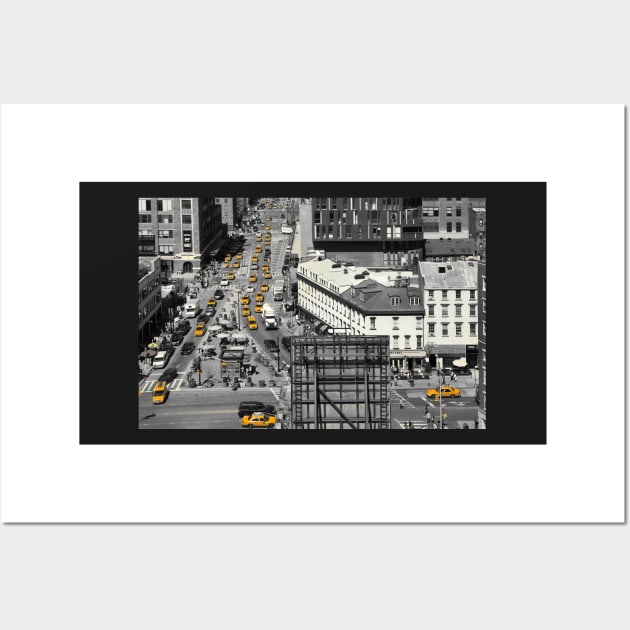 Black and white photograph of a busy Manhattan intersection in the Meatpacking District, with highlighted yellow cabs Wall Art by Reinvention